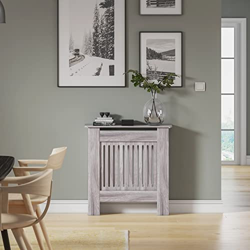 BELIWIN Radiator Cover Heater Cover Cabinet Radiator Shelf MDF Wood Vertical Slat White Grey Radiator Covers Living Room Furniture (grey, S)