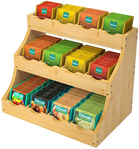 CALM COZY Teebeutelorganizer aus Bambus Teebox aus Holz mit 12 Staufächern für die Teebeutel Aufbewahrung extra groß 30,7 x 20 x 25 cm