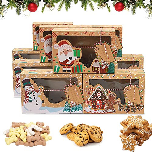 Qunkun 12 Stück Weihnachts Kekskästen Boxen, 22 x 15 x 7CM Weihnachten Geschenkboxen Keksschachtel Kuchen-Kästen mit Sichtfenster Anhänger für Bäckereiplätzchen Weihnachten Thanksgiving Geburtstag