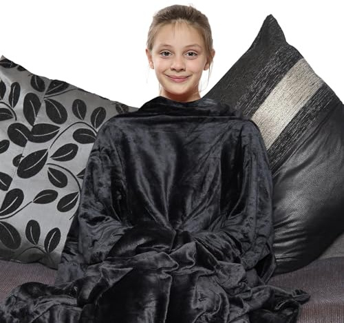 A2Z Unisex Girls Boys Wearable Blanket With Sleeves Super Soft - TV Blkt Black Kids