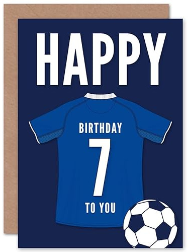 Artery8 Soccer Football 7th Birthday Card for Boys Girls Blue Jersey Football Top on Dark Blue Background
