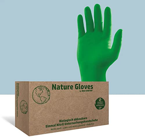 AMPri Biologisch abbaubare Nitrilhandschuhe, grün, 100 Stück/Box, Größe XS, puderfrei, Nature Gloves by Med-Comfort: Nitril Einmalhandschuhe, Einweghandschuhe in den Größen XS, S, M, L, XL