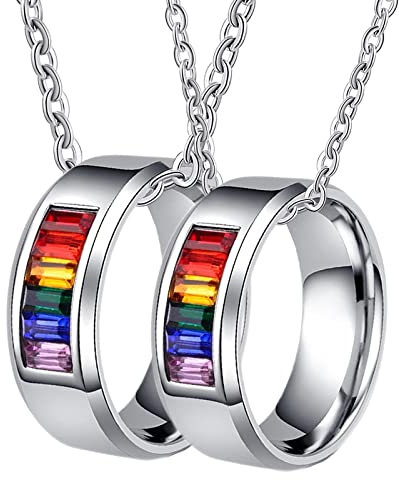 Prchen Halskette mit Gravur, Halskette Edelstahl Herren Silberner Lgbt-Ring mit Regenbogen-Zirkonia Damen 49 (15.6) Herren 52 (16.6)