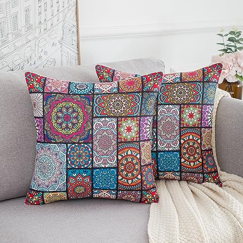 Dekokissen 2 Stück Kissenbezüge 50 x 50 cm Boho Blumen Paisley Muster Mandala Moderne Dekorative Sofakissen Leinen Kissenhülle für Sofa Couch Bett