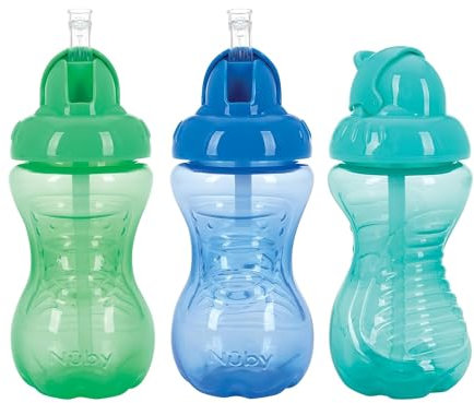 Nuby 3 Pack No Spill Flip it Soft Straw Toddler Sippy Cups - Toddler Cups Spill Proof with Easy and Firm Grip - Green, Blue, Aqua