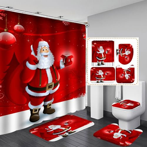 4Pcs Christmas Bathroom Sets with Shower Curtain, Rugs, Toilet Lid Cover and Bath Mat, Christmas Tree Santa Claus Snowman Gnome Chritsmas Shower Curtain Set for Winter Holiday Bathroom Decor (Set C)