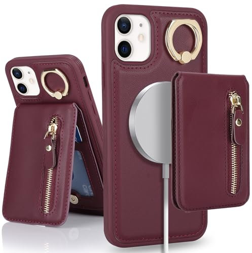 SailorTech iPhone 12/12 Pro Phone Leather Case with Credit Card Holder Magsafe, iPhone 12/12 Pro Case Ring Stand with Kickstand Card Slots Wallet Detachable 2-in-1 Zipper Case - Burgundy