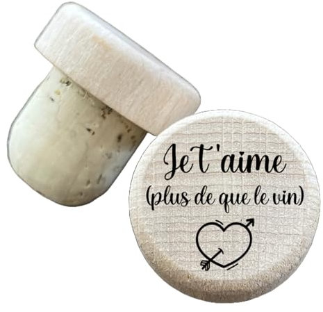 Bouchon de bouteille de vin gravé en bois et liège Je t'aime plus que le vin, idée cadeau couple saint Valentin