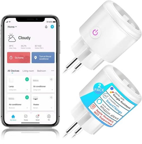 SURFOU WLAN Steckdose mit Strommessgerät, Smart Home Zeitschaltuhr Steckdose, 2.4 GHz WiFi Smart Plug Funktioniert mit Alexa, Google Home, Sprachsteuerung, Fernzugriff, Kein Hub Notwendig, 2 Packs