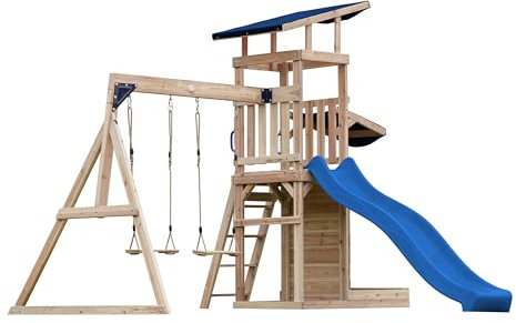 AXI Malik Aire de Jeux en Bois avec 2 Balançoires, Toboggan Bleu / Aire de Jeux Extérieur avec Bac à Sable et Mûr de Jeux/Toboggan avec raccordement à Eau | Portique Balançoire/Jeux en Bois Extérieur