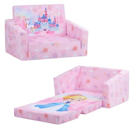 decalsweet Prinzessin Schloss Faltbarer KinderSofa-2 in 1 Schlafsofa für Mädchen- Kindersessel mit Stofftasche, Weiche Flip Open Kinderstuhl für Schlafzimmer Wohnzimmer Spielzimmer