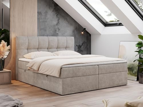 MKS MEBLE Boxspringbett 160x200 mit Bettkasten Beige Stukture, Bett mit Matratze H3 Topper, Polsterbett 160x200 mit Bettkasten Kopfteil, Boxspringbett mit Matratze H3, RICO Beige Stukture