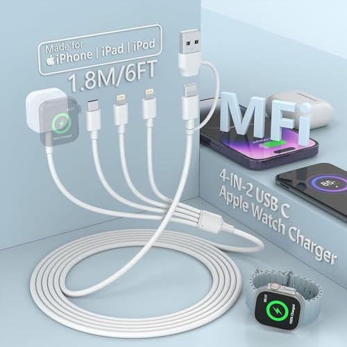 4-in-2 Ladekabel für Telefon und Uhr, 6FT/1,8 m 3 Ladegeräte für iPhone iwatch Airpods Charger für iWatch Charging Cord, Travel iPhone und iWatch Charger für Apple Watch/iPhone/AirPods