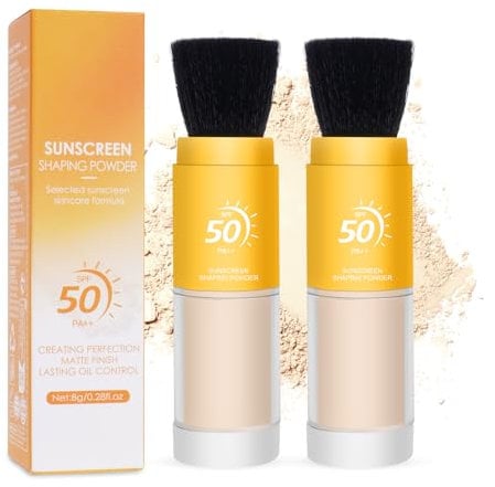 2PCS Poudres De Fixation MinéRales De Protection Solaire, Poudre de protection solaire SPF50 pour le Visage Poudre de Contrôle d'huile Légère avec Pinceau pour Tous les Types de Peau