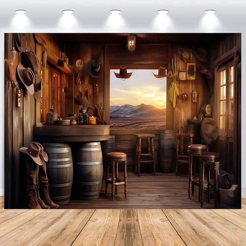 ASDCXZ Toile de Fond de Cowboy Occidental 2.2x1.5m, Ouest Rustique Bar Salle de Stockage Ferme Photographie de Fond bébé Douche Anniversaire Mariage Western fête décor bannière Studio Accessoires