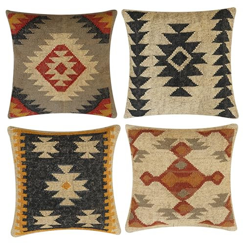 INDACORIFY 4-teiliges Set Kelim-Kissenbezug aus Wolle, Jute, handgewebt, Vintage-Stil, türkisches Kissen, dekorativer Überwurf, Heimdekoration (Muster- 16)