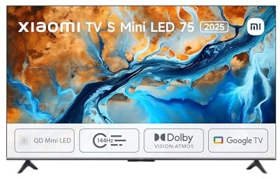 Xiaomi TV S Mini 75, Diseño sin Bordes, Google TV, QD-Mini LED, 1200 nits de Brillo máximo, Alta tasa de refresco 4K de 144 H,Ultra Fluido para Gaming, Dolby Vision IQ & Dolby Atmos,Google Assistant