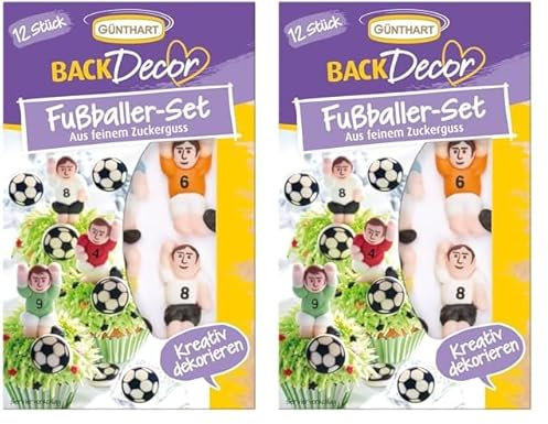 Günthart BackDecor 12 Zucker Fußballer und Fußbälle geeignet für Fußballanlässe und Geburtstage zum Thema Fußball als essbare Tortendekoration, 2er Pack (21 gr)