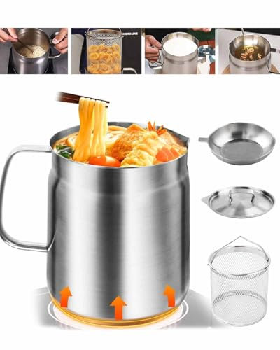 Rumicet Olla de filtro de aceite de acero inoxidable 304, depósito de filtro de aceite multifuncional de 2 litros, recipiente resistente con colador y tapa, ideal para cocinar, freír y filtrar aceite,