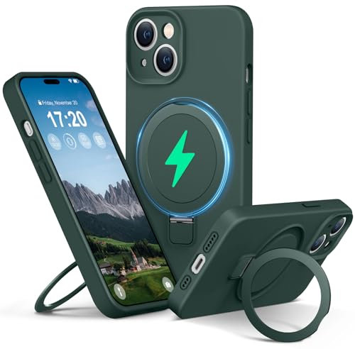 PuyaTeya Liquid Silicone Case for iPhone 15 with Magnetic Ring Stand, Upgraded camera lens protection, Mil-Grade Drop Shockproof, Anti-Scratch Microfiber Lining Silicone Case(Green)
