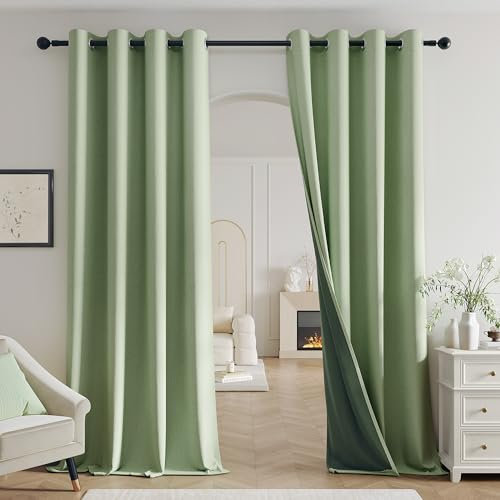 Beauoop Blackout Curtains for Living Room Green Curtains 90 Drop Herringbone Textured Eyelet Curtain for Bedroom Thermal Insulated Noise Reducing Window Curtain Drapes 2 Panels