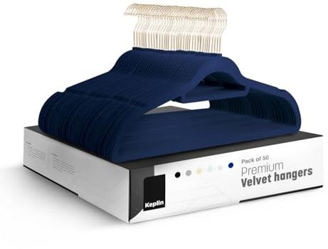 KEPLIN Velvet Hangers (41.5cm) - Non-Slip Clothes Coat Hangers with Tie Bar and 360 Degree Hook for Home Storage Durable, Sturdy & Space Saving Wardrobe (Navy Blue, 50 Pack)