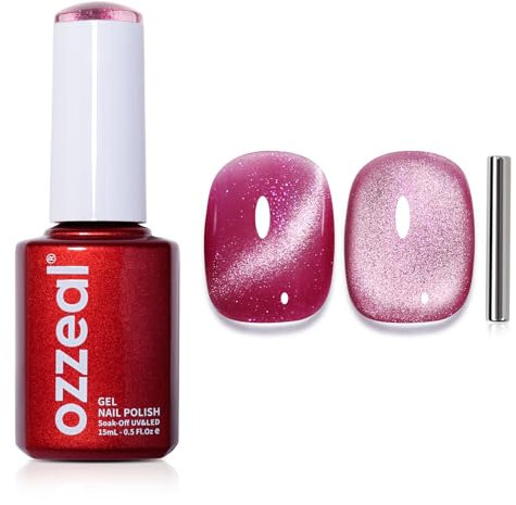 Ozzeal Cat Eye UV Gel Nagellack, 15ML Rosa Schillernd Magnetischer Katzenauge UV Nagellack Frühling Sommer Glitter Holographisch Shimmer Gel Nail Polish Soak Off UV Led