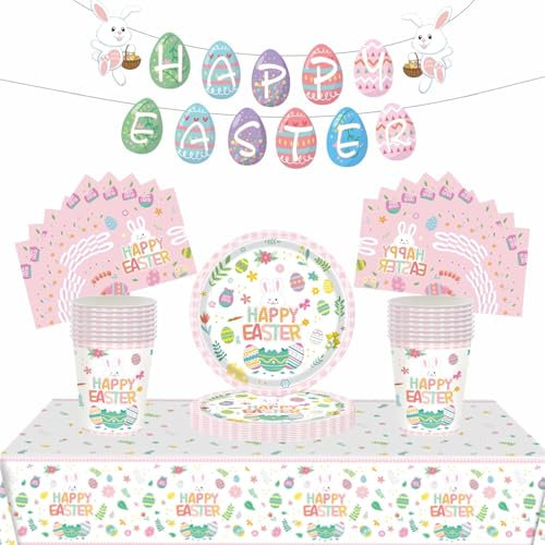 54 decorazioni da tavola per feste di Pasqua, caccia alle uova di Pasqua, decorazioni per feste in stile cartone animato, piatti di carta da 17,8 cm, striscioni, tovaglioli di carta per tavola a tema