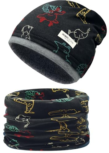 Cappello e Sciarpa per Bambini Invernale,Motivi Diversi Reversibile Sciarpa Berretto in Maglia Morbido Elasticizzato a Doppio Scaldacollo per Autunno Inverno 3-8 Anni (Animale-Grigio)