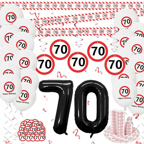 Affivia Deko 70 Geburtstag Mann Frau,Verkehrsschild 70 Geburtstag Deko,70. Geburtstage Deko Set,Geburtstagsdeko 70 Jahre mit Zahl 70 Folienballon,Absperrband,Konfetti,Luftschlangen,Luftballon,Spiralen