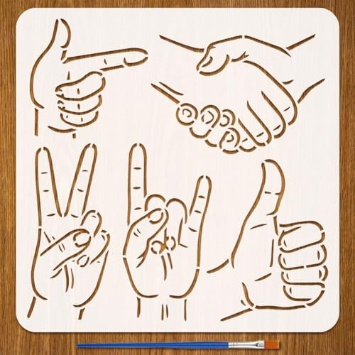 FINGERINSPIRE Schablone Mit Gestenmustern Und 1 Kunststoffpinsel 30x30cm 5 Stile Handgestenmuster Zeichenschablone Vorlage Für Menschliches Thema Zum Bemalen von Wänden Möbeln Heimwerkerdekoration