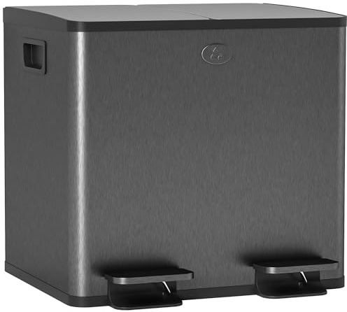 HOMCOM Bidone Spazzatura a 2 Sezioni da 15L a Pedale con Coperchio a Chiusura Morbida, Cestino Immondizia in Acciaio Inox e PP, 41.7x36.6x43.2 cm, Nero