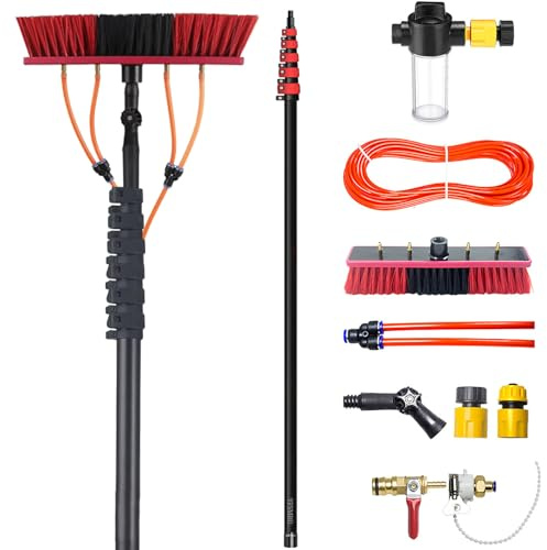 YFSMBD Teleskop Waschbürste mit Teleskopstiel 15m - Kohlefaser Teleskopstangen Reinigung für Fenster, Terrassendach, Solaranlage - inkl. Bürste, Schlauch, Seifenspender, 35cm Bürste