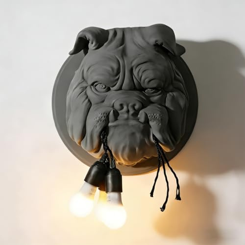 TkTsjtle Französische Bulldoggen-Wandlampen, E26, Wandlampen aus Kunstharz, Bulldogge, kreative Wandlaterne, Wandbeleuchtung mit Tierkopf für Arbeitszimmer, Esszimmer, Bar (Farbe: Schwarz)