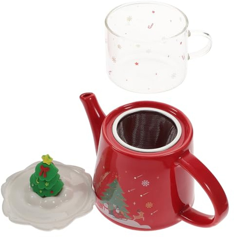 MOLUCKFU Tetera Cerámica Navideña con Taza Apilable Set Portátil de Té para Hogar Diseño Árbol de Navidad Rojo Regalo Festivo y Almacenamiento Compacto