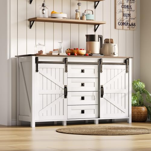Merax Buffet avec espace de rangement 137 cm – Portes coulissantes et 4 tiroirs – Buffet vintage pour bar à café – Armoire de cuisine multifonction – Rangement pour salon et salle à manger – Blanc