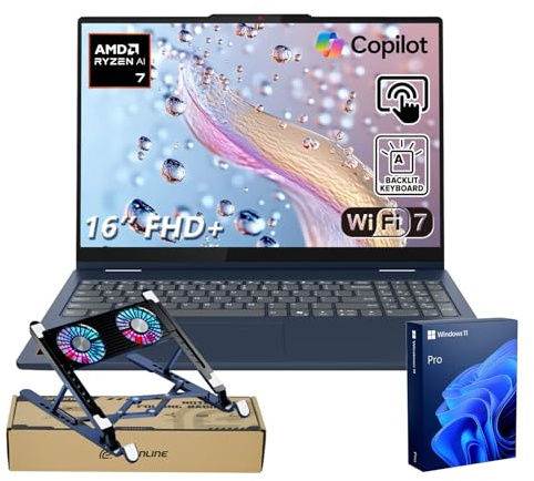 Lenovo IdeaPad 5 16 FHD+ 2-in-1 Touchscreen Laptop, AMD Ryzen AI 7 350, 16GB RAM, 1TB SSD, Wi-Fi 7, Win11 Pro, Lightweight Silent Convertible PC with Copilot AI, Blue, Bundle with PCO Laptop Cooler