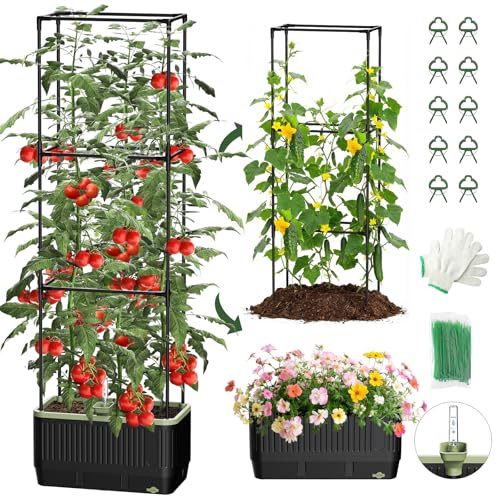 MQJIAZHI Vaso pomodori auto-irrigante con traliccio, traliccio rettangolare pomodori per aiuole rialzate, scatole per vasi da giardino, patio, interno ed esterno (1 pezzo)