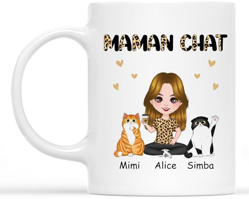Cadeau Plus Mug Personnalisé Prénom - Maman Chat Léopard Café - Tasse chats, Cadeau Personnalisé Mamie, Cadeau Papy Personnalisé, Papi Mug, Mamie Mug, Tasse Grand Mere (2-chats)