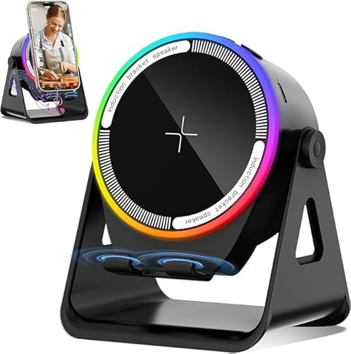 GALAKSIOZ Wireless Induction Bluetooth Speaker, 4-in-1 with 360° Rotating Phone Holder and RGB Ambient Light, High-Definition Surround Stereo Sound with Phone Stand (Black, Round)