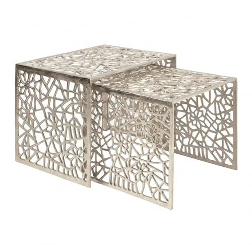 FineBuy 2er Set Couchtisch Aluminium Silber - Design Beistelltisch Set - Metalltisch Wohnzimmertisch modern Alu - Sofatisch rechteckig Metall - Loungetisch Set Satztisch Handmade