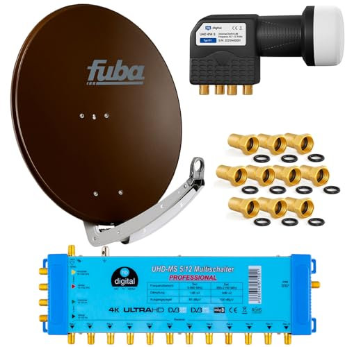 FUBA 12 TEILNEHMER DIGITAL SAT ANLAGE DAA780B + Profi LNB 0,1dB Full HDTV 4K + PMSE Multischalter 5/12 + 35 Vergoldete F-Stecker Gratis dazu