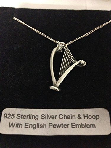 Harfe R199 Halskette aus englischem Zinn mit Emblem auf einer Halskette aus 925er Sterlingsilber, 45,7 cm