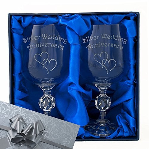 The Engraving Gallery 25th Silver Wedding Anniversary Engraved Crystal Wine Goblets in Gift Box. Gift Wrap and Ribbon,