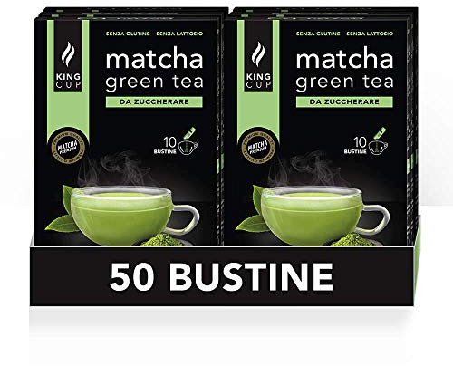 King Cup - 5 Paquets de 10 Sachets Solubles de Thé Matcha Sans Sucre, 50 Stick de 6 Gr pour Boisson Aromatisée Thé Matcha à Ajouter à 60 ml d'Eau Chaude, Sans Gluten et Sans Lactose