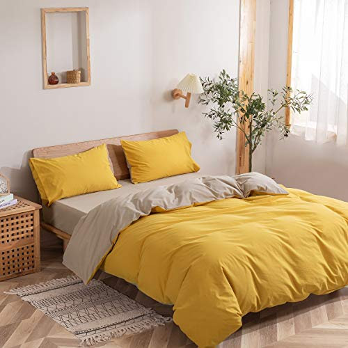 Luofanfei Gelb Bettwäsche 200x200cm Baumwolle Uni Beige Wendebettwäsche 3 Teilig Sommer 200x 200cm+80x80cm Modern Einfarbig Bettbezug Deckenbezug Doppelbett Set Teenager Jugendliche Erwachsene