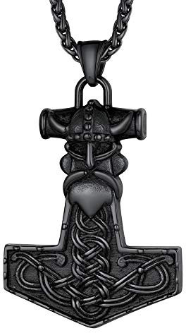 Richsteel Schwarz Mjölnir Anhänger Thors Hammer Halskette mit Odin Helm Wikinger Kette für Jeden Tag