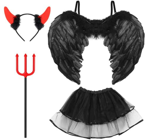 Bluelves Alas de Angel, Alas de Plumas con Aureola y Varita Mágica, Alas de Angel Blancas Negro Decoración, Plumas Ángel Alas, Disfraz de Alas de Ángel para Halloween Carnaval