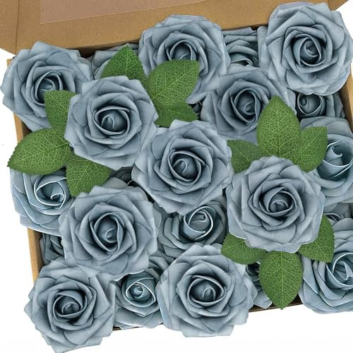 N&T NIETING Künstliche Blumen Rosen, 25 Stück Deko Blumen Fake Rosen mit Stielen DIY Brautjungfer Brautsträuße, Valentinstag, Muttertag, Hochzeitsfeier, Babyparty, Zuhause Dekoration, Staubiges Blau