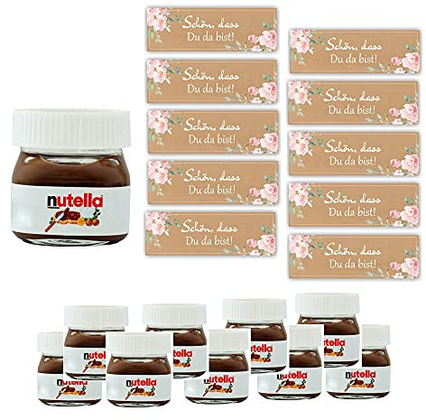 Set regalo fai da te per gli ospiti, motivo Schön, dass du da bist Boho Flower Style rosa marrone Nutella per 10 persone, bicchieri Nutella + adesivi bomboniera battesimo cresima comunione e